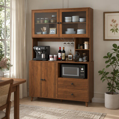 Modern Sideboard Buffet with Glass Doors and Microwave Stand, Walnut Pantry Cabinet with Drawers for Dining Room