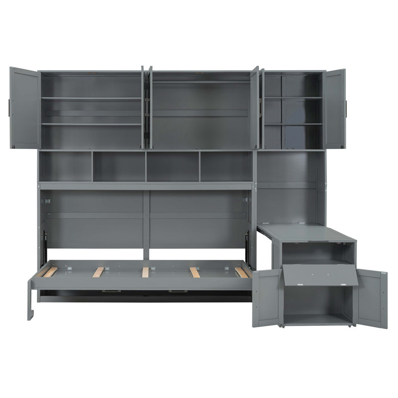 Lit escamotable mural simple avec placard, tiroirs et bureau - gris