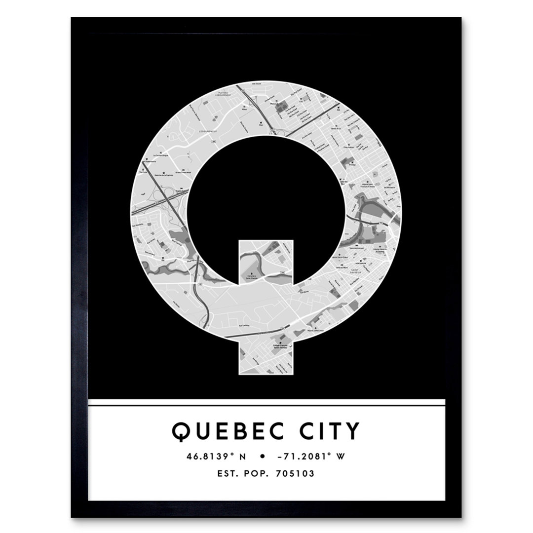 Quebec City Canada City Map Black and White - Picture Frame Typography