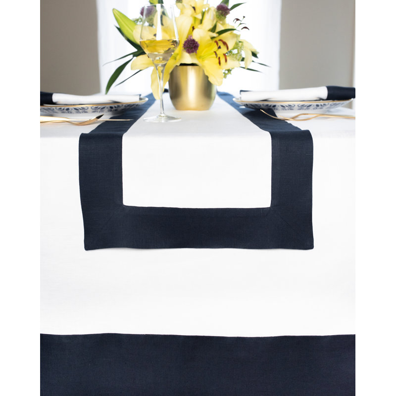 Contempo - 100% Pure Linen Tablecloth, 90" x 60", Navy/White
