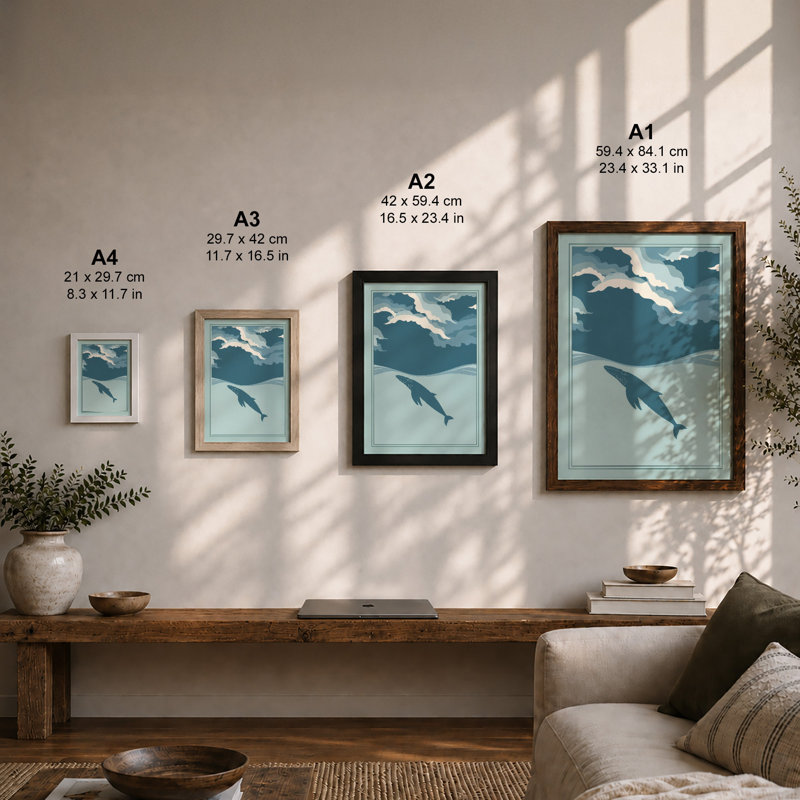 Drifting Whale Coastal - Framed Print, Black, A4 - 29.7 x 21.0 cm