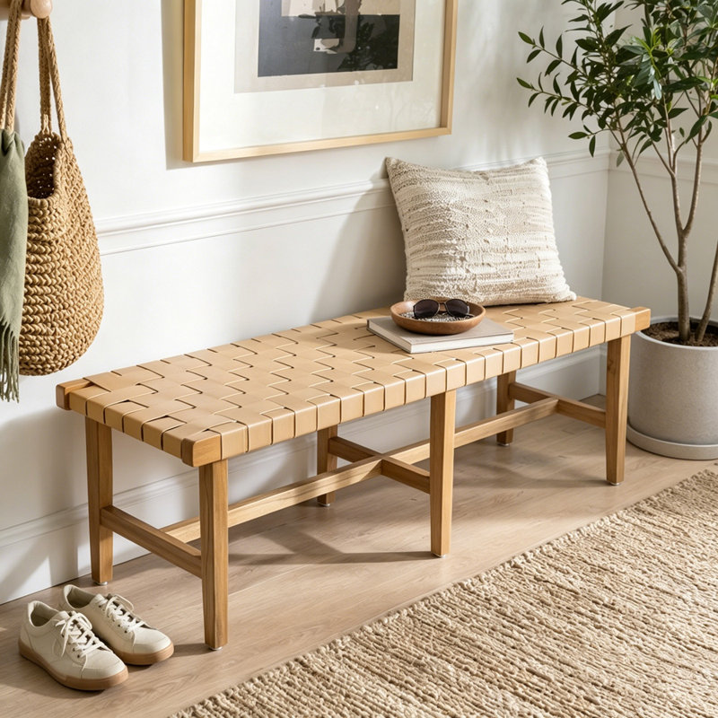 Banc de chambre en bois d'acacia avec siège en similicuir tissé