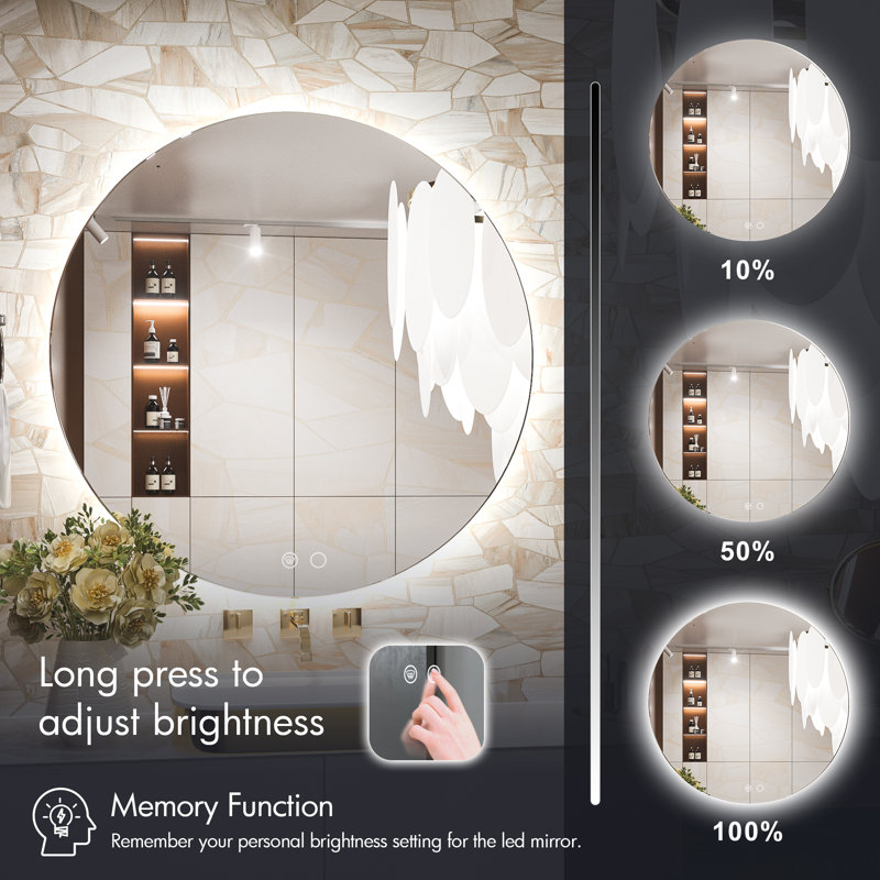 Adorna  Round Frameless Backlit Mirror, LED Bathroom Mirror with Dimmable Brightness, Anti-fog Function, 50000h Lifetime, Shatterproof Film