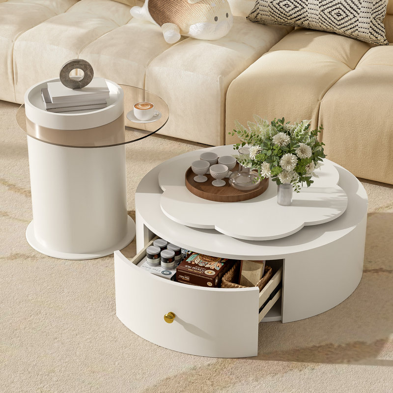 Ensemble de 2 tables basses rondes à plateau tournant en forme de fleur à 360 degrés avec 2 tiroirs