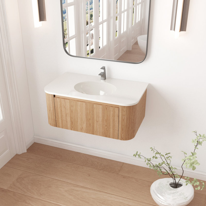 Meuble-lavabo mural avec comptoir en marbre artificiel blanc, lavabo en céramique, conception courbée avec rayures, pré-assemblé