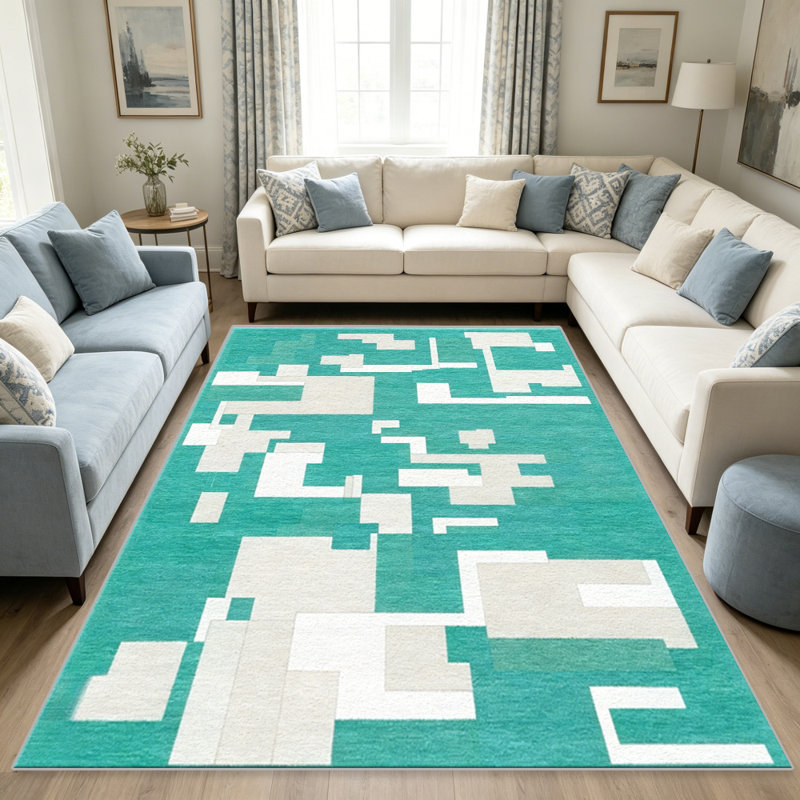 Turquoise Abstract Blocks area rugs for Living Room, Soft and Comfortable, Suitable for all seasons, easy to maintain, machine washable Indoor floor mat, Under Table Farmhouse suitable for Bedroom, Dining Room, Study,  Balcony, Home Decor Patio