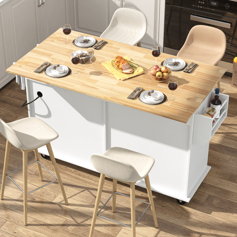 63" Movable Kitchen Island with Drop Leaf and Power Outlet, Rolling Kitchen Cart with Rubber wood Countertop, Island Table on Wheels for Kitchen w/2 Drawers, Spice Rack, Towel Bar, Adjustable Shelves