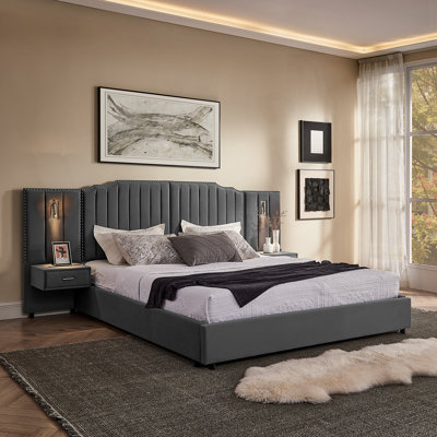 King Size Upholstered Platform Bed With Integrated Bedside Table, Vertical Stripe Headboard, And Adjustable Lighting For Modern Bedrooms.
