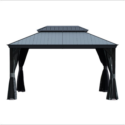 10'X14' Hardtop Gazebo With Resin Roof, Outdoor Metal Gazebo With Drainage Gutters, Permanent Heavy Duty Pavilion For Patio, Backyard And Deck, Curtains And Mosquito Netting Included