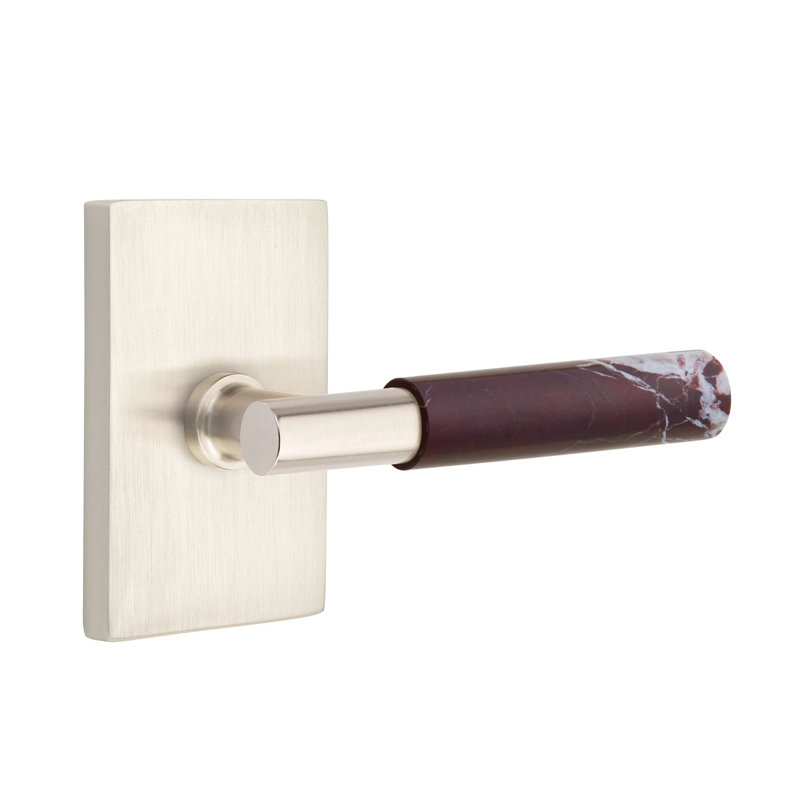 Ensemble de faux levier Emtek Select avec rosette rectangulaire moderne et tige en T, levier en marbre Rosso Levanto