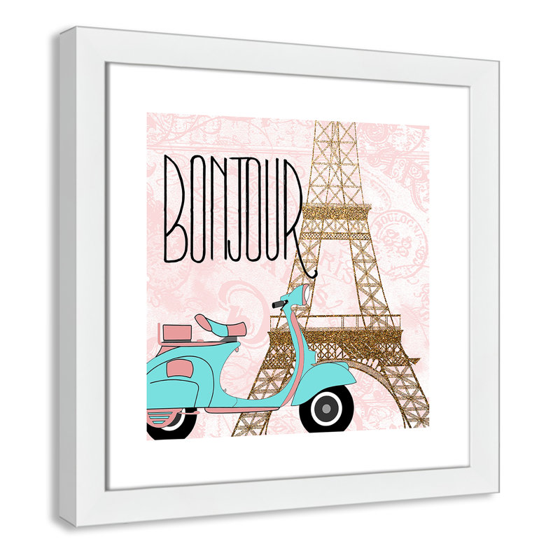 Paris Bonjour Transportation, 16" H x 16" W x 0.63" D, White Framed