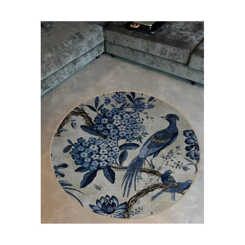 Blue Beige Theme Round Woven Base Modern Decorative Carpet With Bird And Flower Pattern On Tree Branch, Round 3'4"