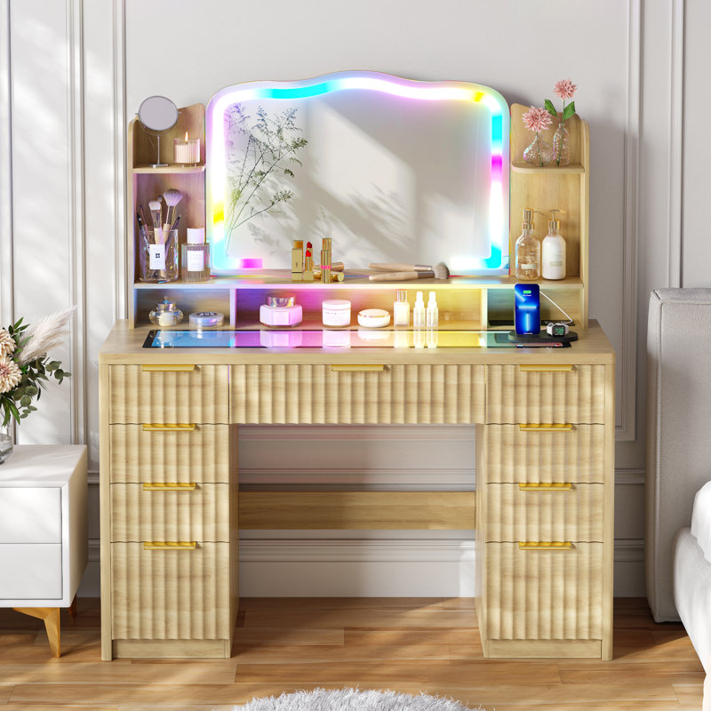 Grand bureau de meuble-lavabo moderne l 47,2 po avec 9 tiroirs, plateau en verre, miroir lumineux RVB et prises de courant, station de charge