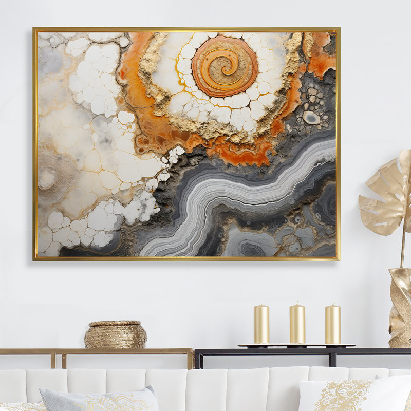 Géode de pierre beige et jaune sur toile, H 12 po x l 20 po x P 1 po, Cadre flottant doré