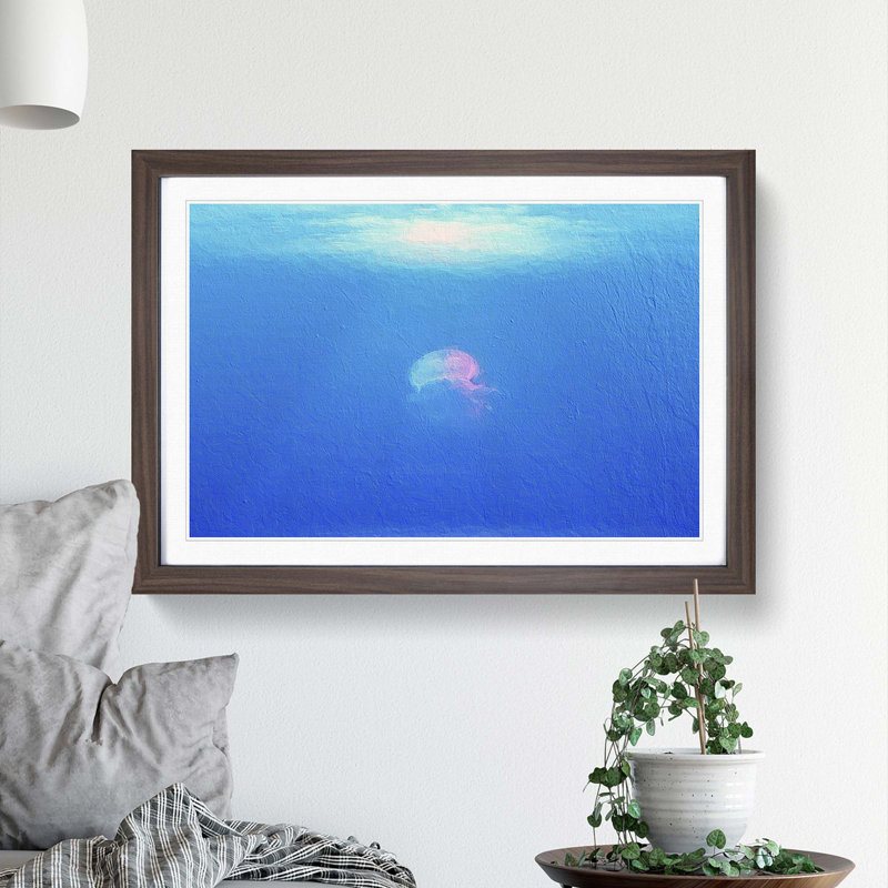 Jellyfish in Pink & Blue with Sunlight - Picture Frame Painting Print, Walnut Framed, 27cm H x 36cm W x 2cm D