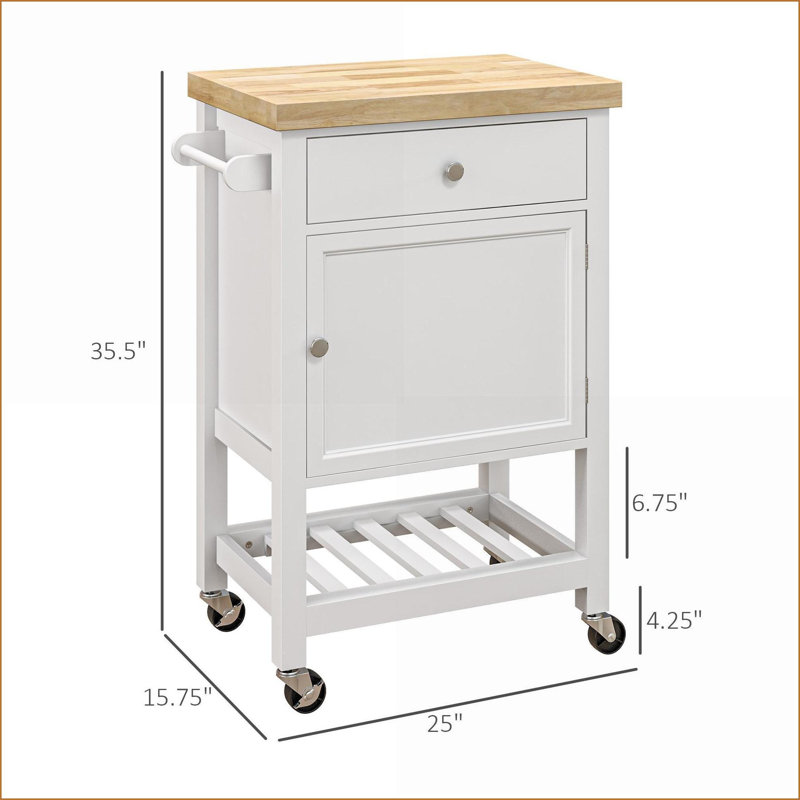 Chariot pour îlot de cuisine au design minimaliste, avec roulettes Plateau en bois d'hévéa | Blanc neige | Bois d'ingénierie