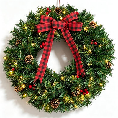 Couronne de Noël lumineuse à piles de 30 cm avec minuterie, pommes de pin et nœud, pré-illuminée pour décorer la porte d'entrée, le mur et la cheminée.