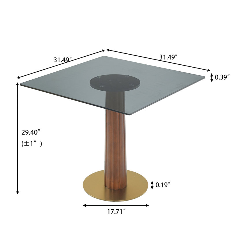 Table de salle à manger moderne carrée, table en verre trempé de 33,5 po avec pieds en bois et base dorée, table de cuisine pour 2 personnes pour petit espace, capacité de poids de 150 lb (seulement la table de Négociation)