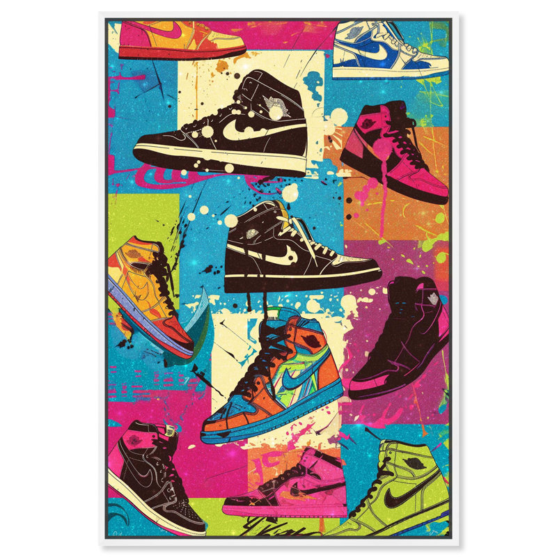 Art mural graffiti sur toile espadrilles bloquées par Notoriart, H 16 po x l 11 po, Cadre blanc