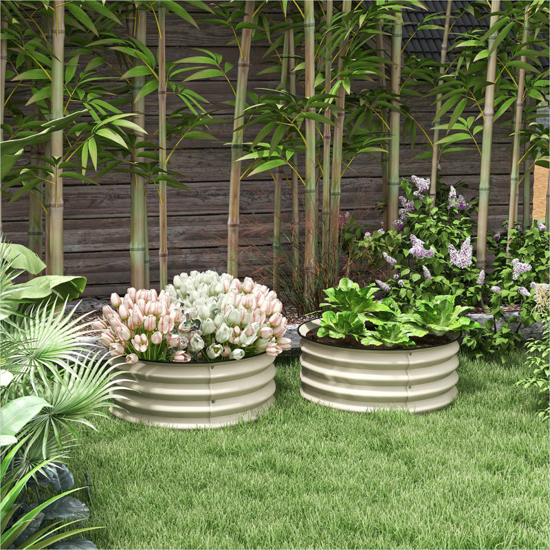 Ensemble de jardin rond rond en acier galvanisé avec bordure de sécurité et finition blanc doux
