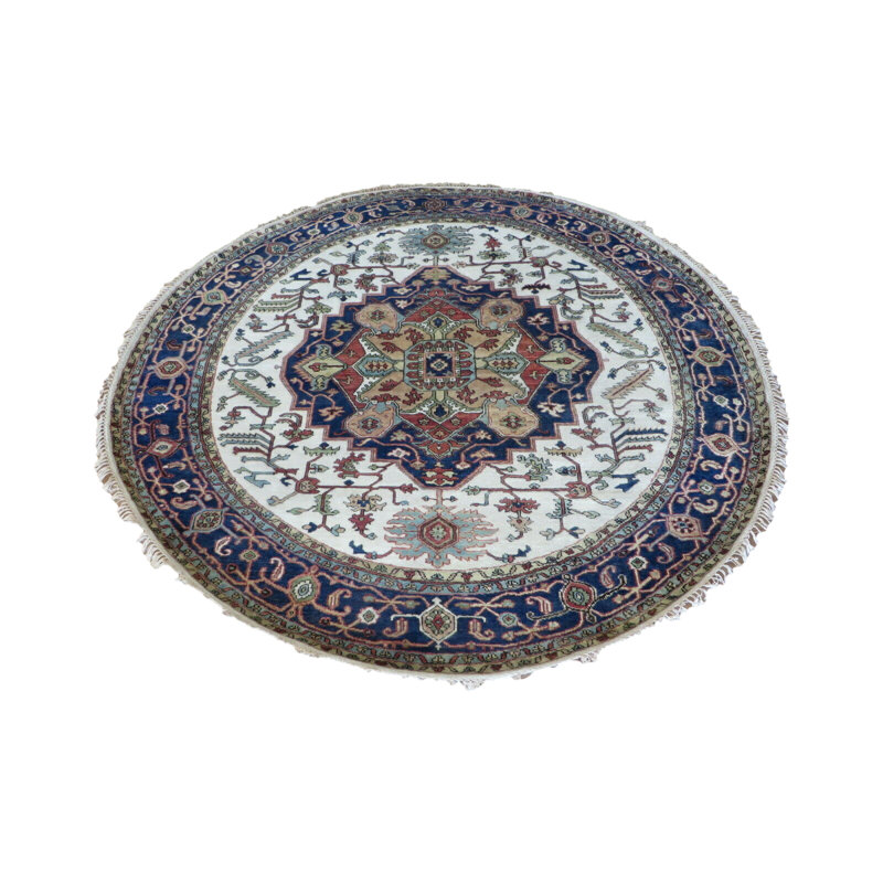Rond médaillon Serapi antique noué à la main en ivoire / bleu / rouge, Rond 8 pi