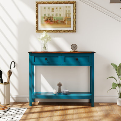 Console de style campagnard avec 2 tiroirs et tablette de rangement inférieure pour le vestibule, table d'appoint rustique avec tiroir de rangement et tablette pour le salon, couloir (bleu pagode)