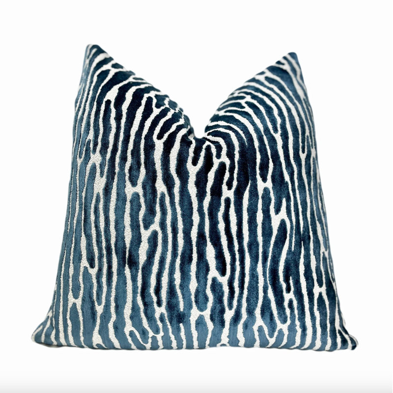 Stripe Velvet Throw Pillow Cover, 20"H x 20"W, White/Navy Striped