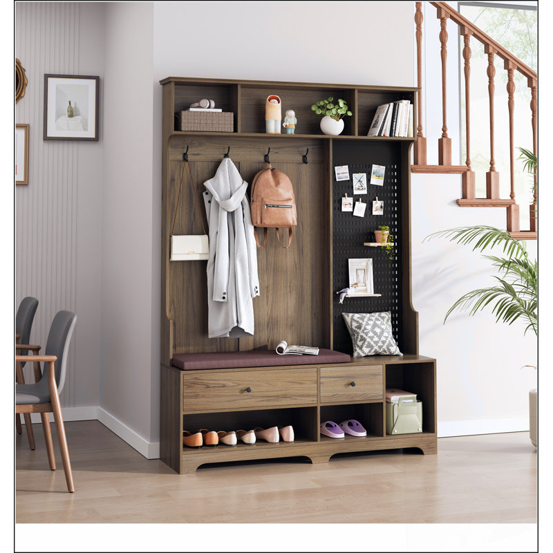 Arbre d'entrée polyvalent avec banc d'entrée en lin amovible, portemanteau, tablettes de rangement et panneau perforé pour le couloir et le salon