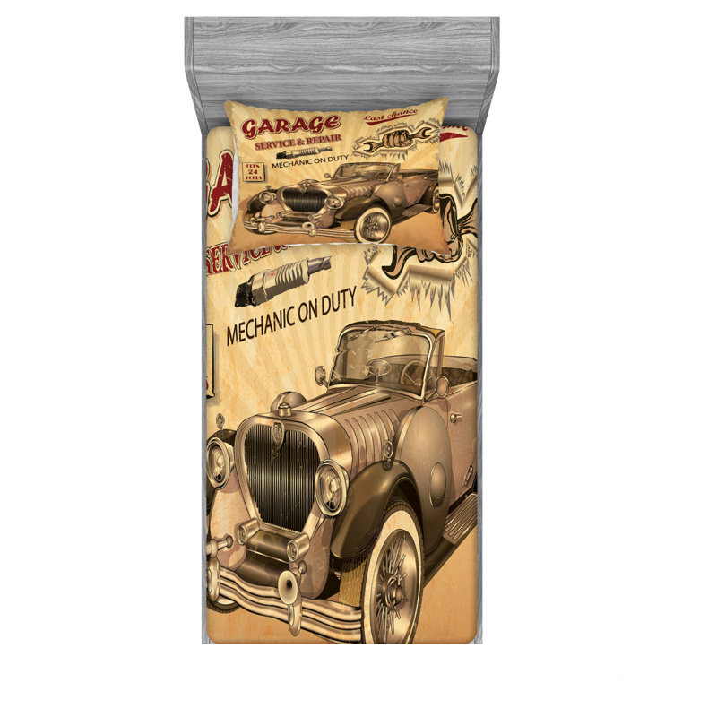 Ensemble de draps Nostalgic Car with Garage, Ensemble de draps pour lit simple avec 1 taie d'or