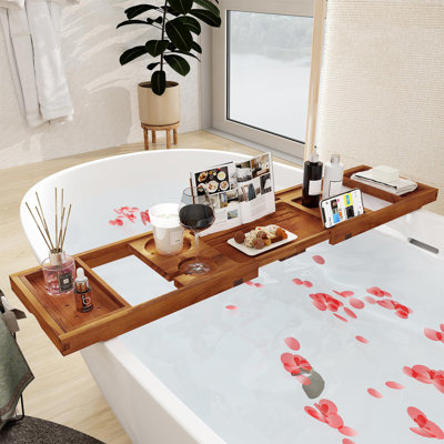 Teak Bathtub Tray With Expandable Handles, Luxury Bath Caddy With Wine Glass/Phone Holders & Book Stand, Light Walnut Natural Bath Accessories For Home Spa Relaxation & Reading