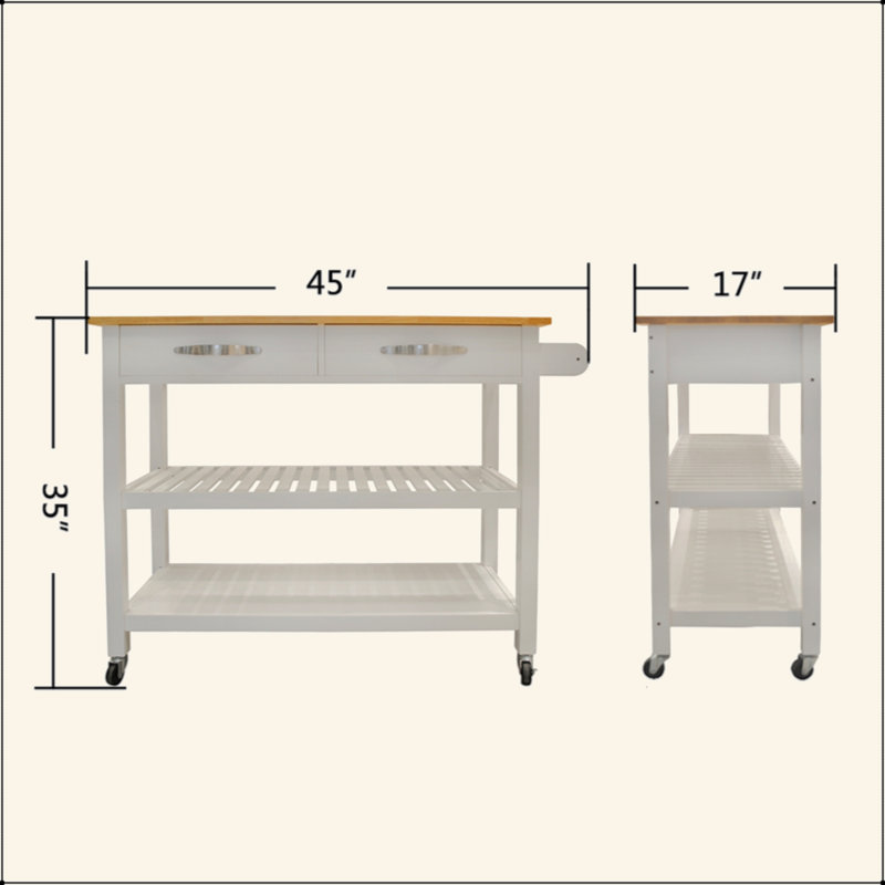 Kitchen Island & Kitchen Cart, Rubber Wood Top, Mobile Kitchen Island With Two Lockable Wheels, Simple Design For Easy Storing And Fetching, Two Drawers Give Unique Storage For Special Utensil.