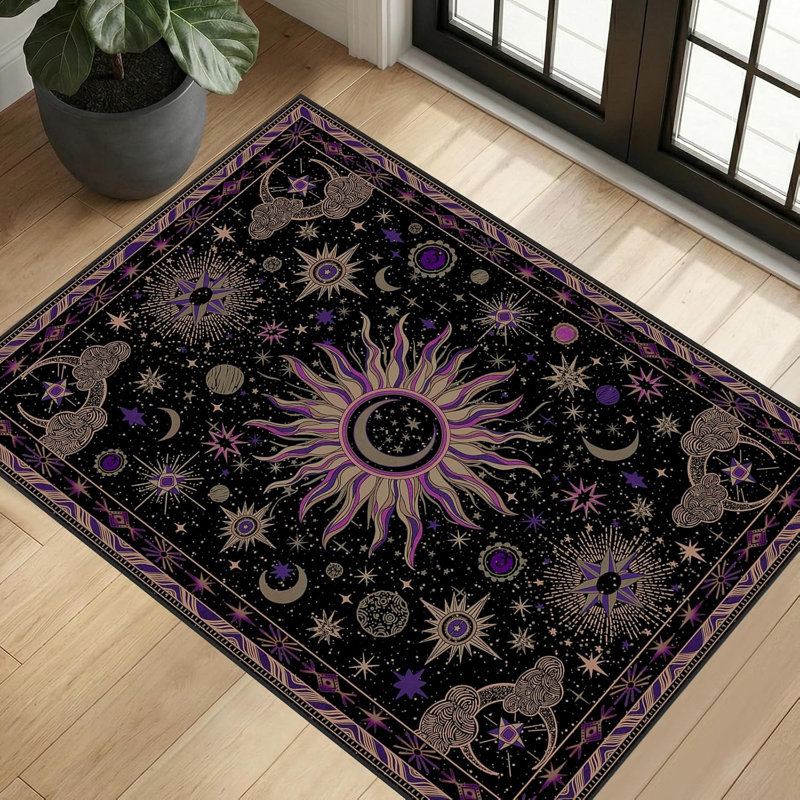 2X3 Area Rugs, Washable Vacuum-Friendly Non-Slip Rug Vintage Boho Sun And Moon Printed Pattern Low Pile Carpet For Living Room Bedroom Dining Room Hallway Entryway,Black Purple Beige
