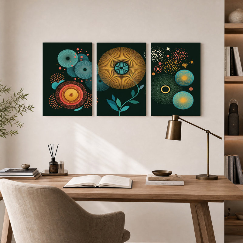 Ensemble de 3 toiles murales à motifs de soleil et de pois turquoise et orange, 24"H x 16"W x 3pcs