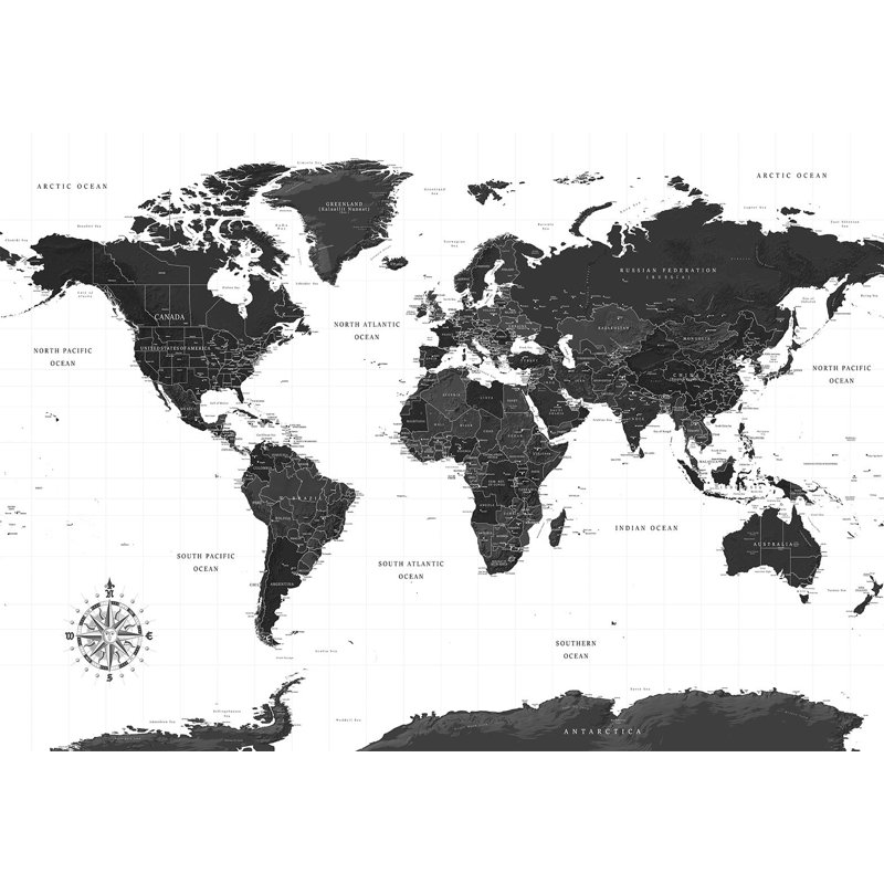 Papier peint carte du monde - carte en noir et blanc, L 59 po x L 41 po