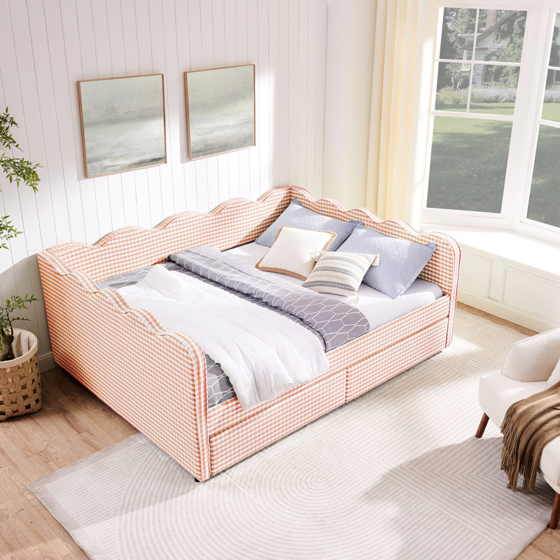 Grand lit avec tissu en lin, motif ondulé, deux tiroirs de rangement, porto, pour accueillir dans la chambre à coucher, se reposer et se détendre