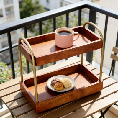 Support de rangement en bois massif et en métal pour le rangement de la salle de bain, de la cuisine et du bureau | Présentoir à 2 niveaux et tablette de rangement dissimulée pour comptoirs et commodes
