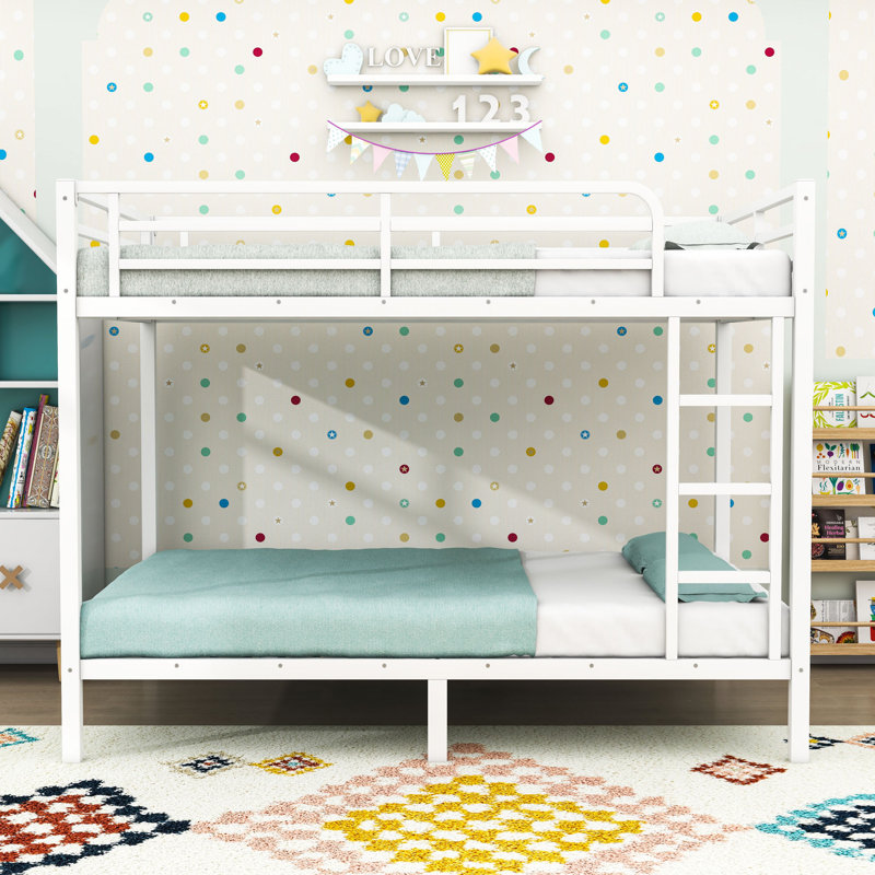 Metal Bunk Bed With Guardrails And Ladder, White, Full XL Over Full XL