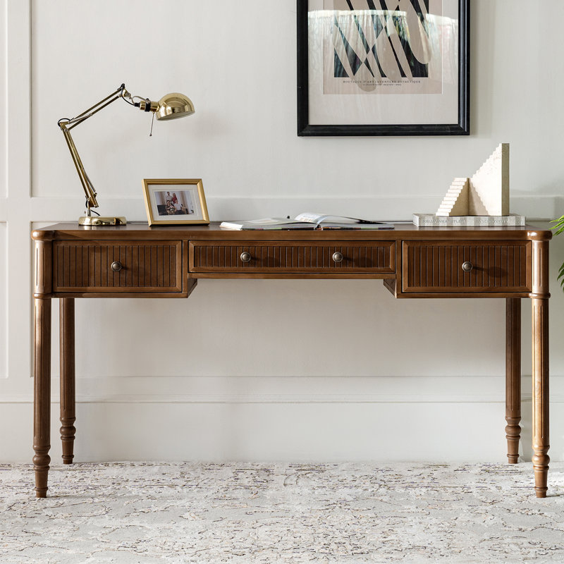 Hoai 60''W Transitional Fluted Simple Assembly Desk With Charging Station And Cable Management, Walnut