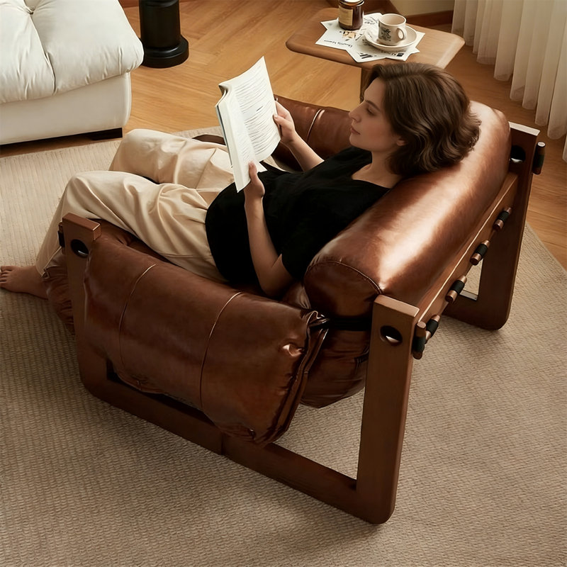 Fauteuil d'appoint Mid-Century moderne, fauteuil en bois massif en forme de U pour le salon, fauteuil de lecture rembourré avec assise rembourrée confortable