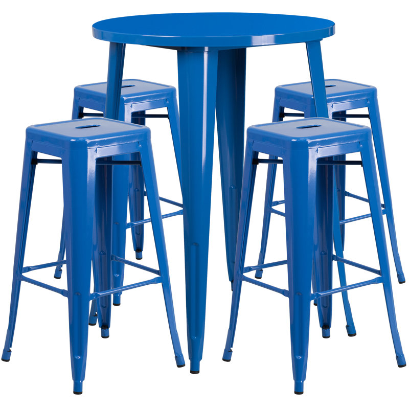 Ensemble de tables de bar rondes intérieur / extérieur en métal 30 po avec 4 tabourets sans dossier Colbert, Bleu