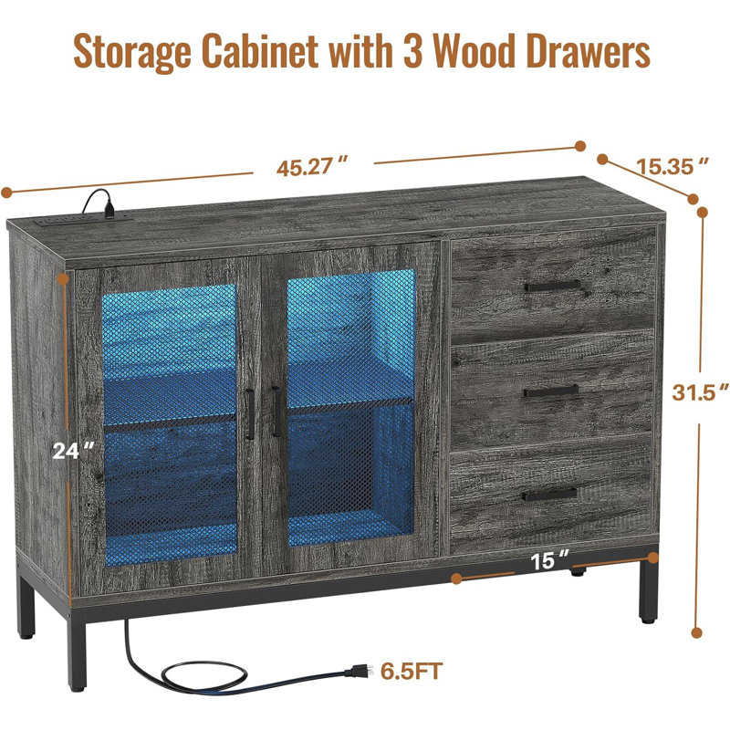 Kyzier 45.27'' Coffee Wine Bar Cabinet with LED Light, Sideboard With 3 Drawers, Gray