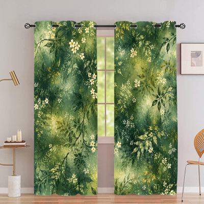 2 pièces rideaux occultants avec œillets à motif botanique vert luxuriant, motif de feuillage frais, rideaux de fenêtre en polyester, isolant thermique isolant, réducteur de bruit et protection de la vie privée, obscurcissant décor pour la chambre à coucher, le salon et la cuisine