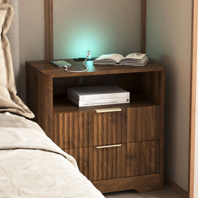 Table de chevet avec éclairage à commande vocale 7 couleurs, table de chevet en bois avec fonction de charge intelligente, armoire de rangement