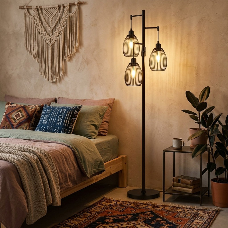 Lampe sur pied industrielle avec cage en forme de larme et 3 ampoules DEL incluses, Noir mat