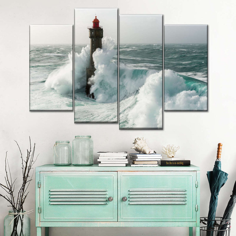 Phare sur une tempête sur toile, ensemble de 4 pièces, H 22 po x l 36 po x P 1,25 po