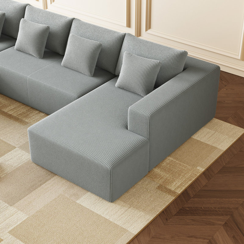 Boneless Corduroy U Shaped Sectional Sofa Couch, Gray Corduroy