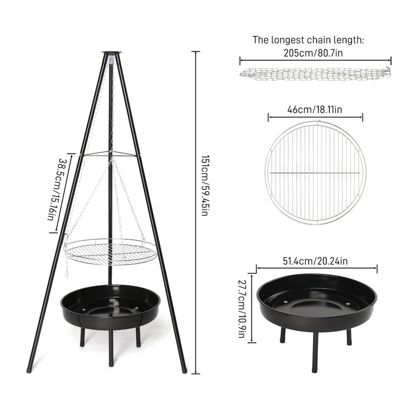 Campfire tripod grill,adjustable height bbq grill grate with fire bowl,heavy duty black outdoor fire pit cooking stand for camping,backyard bbq & picnic