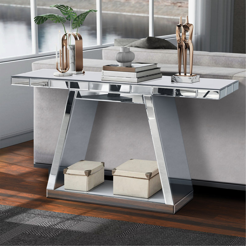 55.9" Modern Luxe Full-Body Mirror Entryway Table with Trapezoid Base – 360° Reflective Console Table, Sturdy Wooden Frame, Scratch-Resistant Design & Open Storage for Hallway, Living Room, Staircase