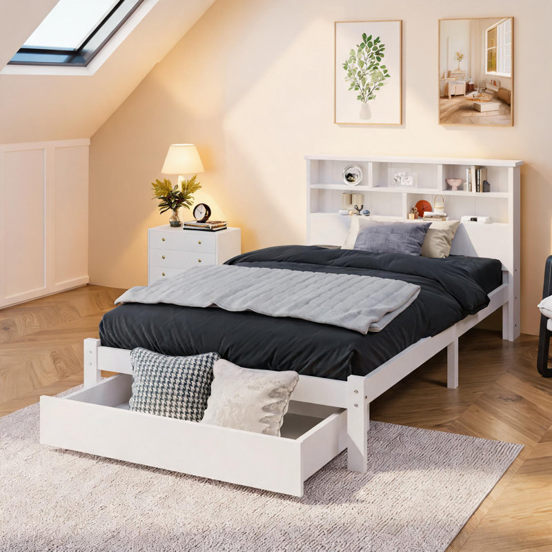 White Wooden Single Bed Frame with Headboard Shelves, Underbed Drawer Storage, 3FT 90x190cm Pine Bed with Slats, No Box Spring Needed, Ideal for Small Bedrooms