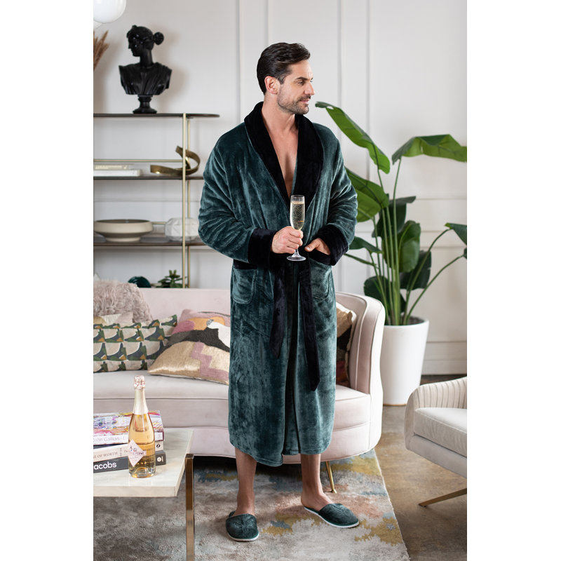  Peignoir en molleton mi-mollet avec poches, XXL / XXXL, Vert/noir